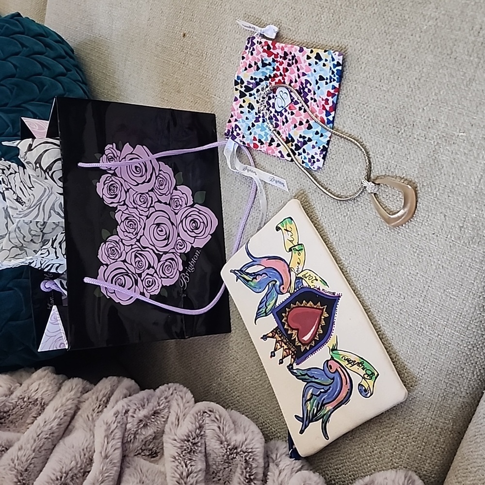 Brighton necklace, pouch,gift bag and makeup bag.